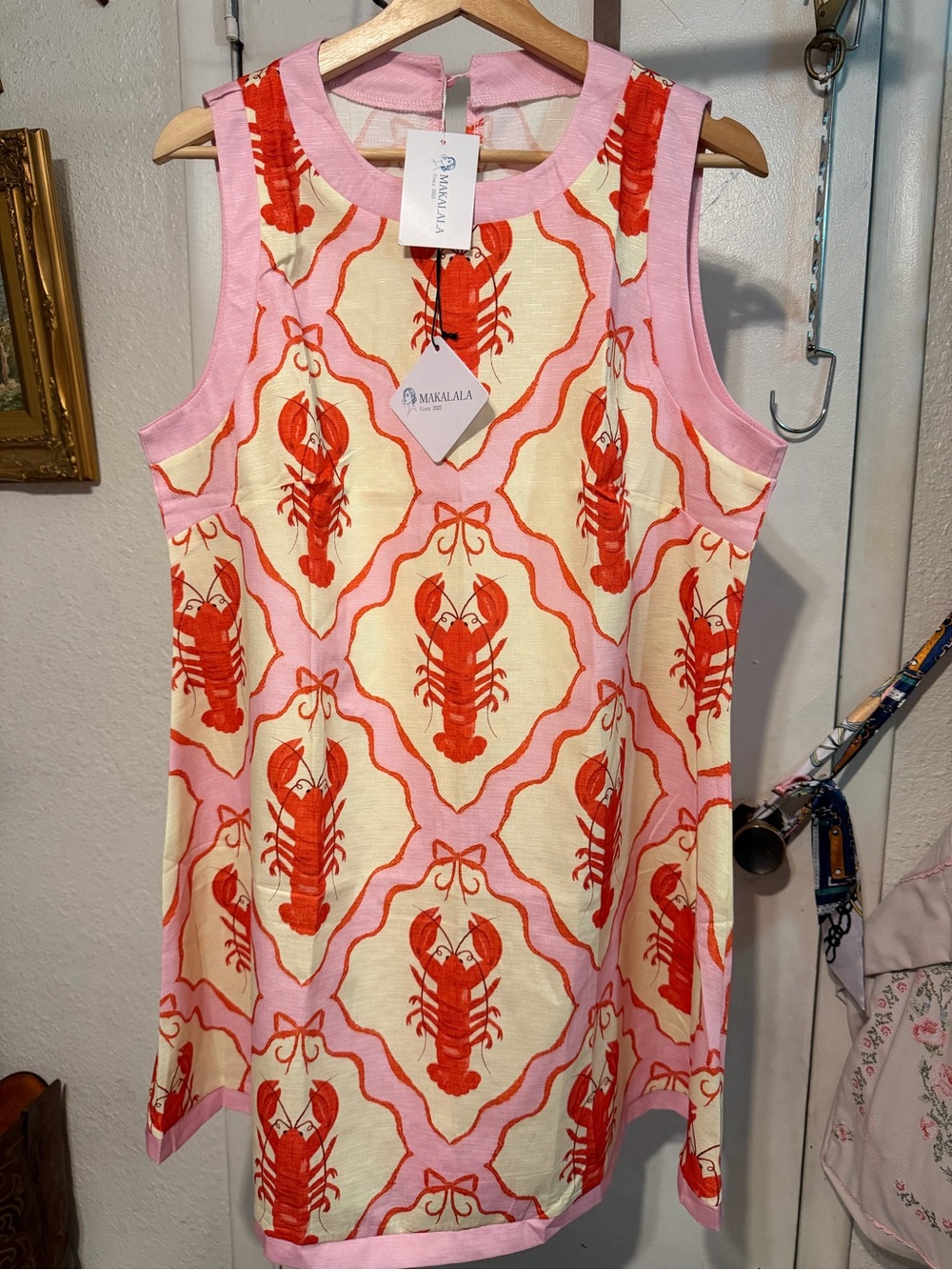 Makalala Pink & Red Lobster Print Sleeveless Shift Dress